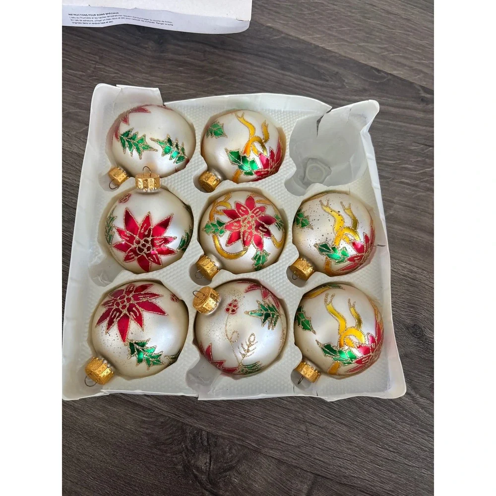 Vintage Hand Painted Christmas Ornaments 7 Poinsettia White Gold Glitter